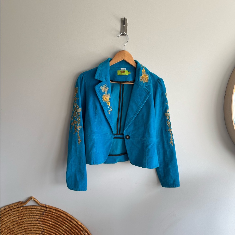 True Meaning Teal Blazer with Gold Embroidery